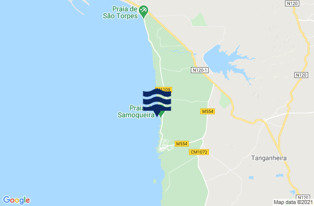 Mapa da tábua de marés em Praia da Samoqueira, Portugal