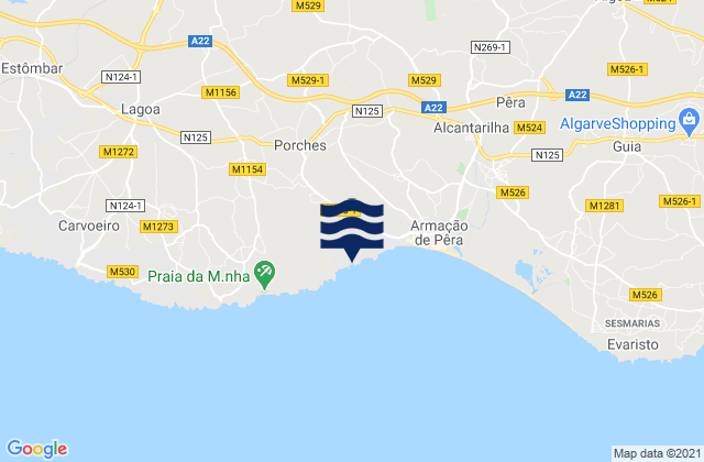 Mapa da tábua de marés em Praia da Senhora da Rocha, Portugal