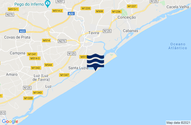 Mapa da tábua de marés em Praia da Terra Estreita, Portugal