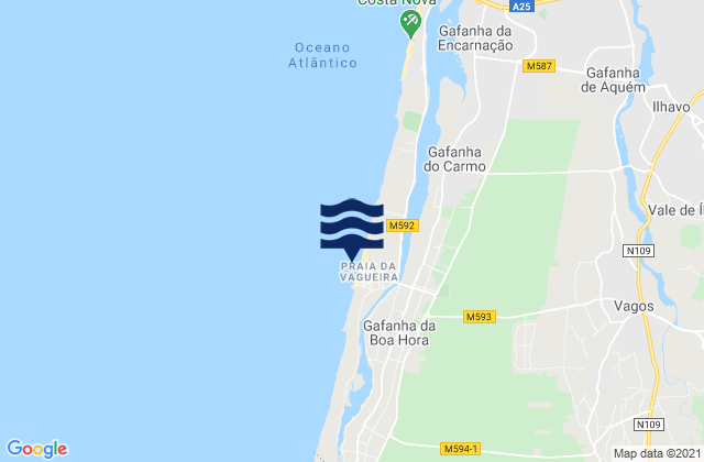 Mapa da tábua de marés em Praia da Vagueira, Portugal
