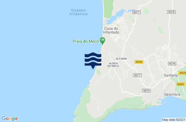 Mapa da tábua de marés em Praia das Bicas, Portugal