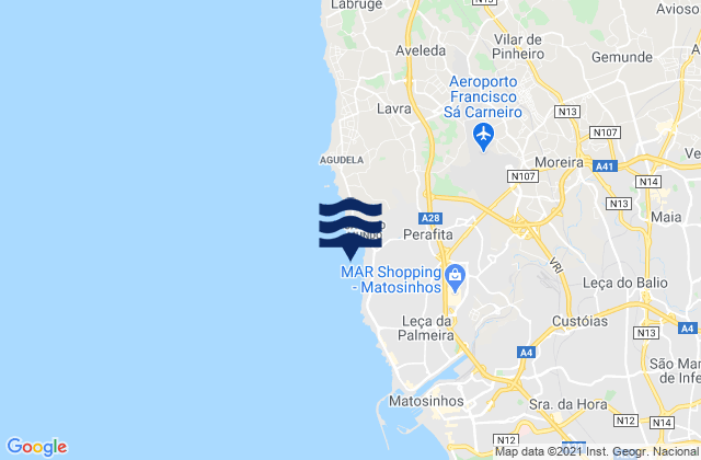 Mapa da tábua de marés em Praia das Salinas, Portugal