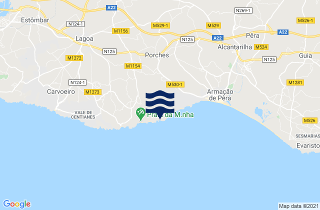 Mapa da tábua de marés em Praia de Albandeira, Portugal