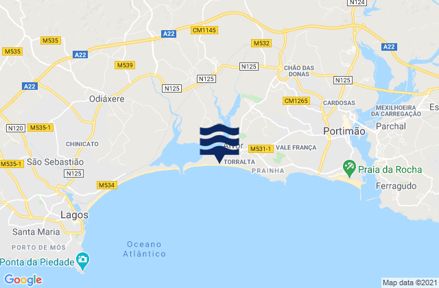 Mapa da tábua de marés em Praia de Alvor, Portugal