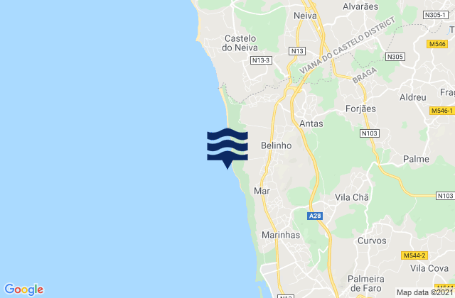 Mapa da tábua de marés em Praia de Belinho, Portugal