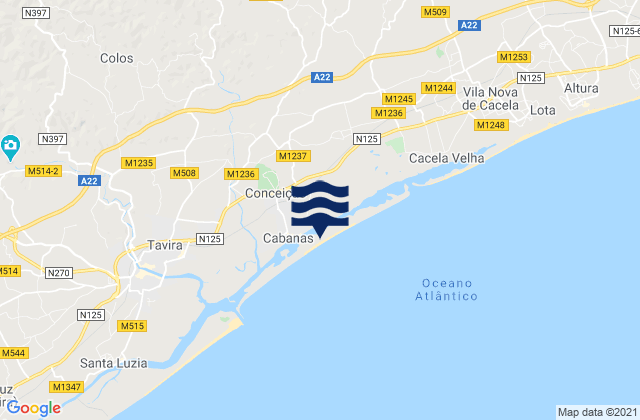Mapa da tábua de marés em Praia de Cabanas, Portugal