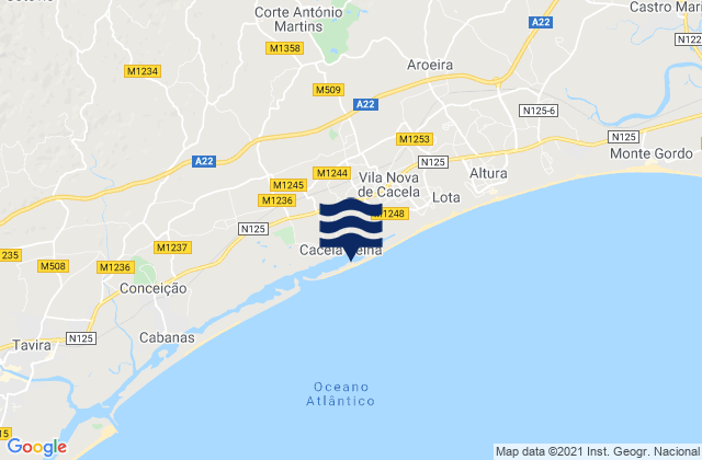 Mapa da tábua de marés em Praia de Cacela Velha, Portugal
