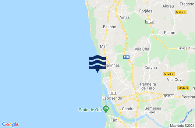 Mapa da tábua de marés em Praia de Cepães, Portugal