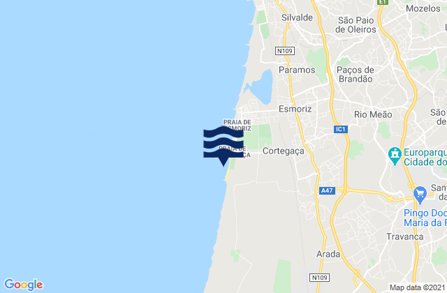 Mapa da tábua de marés em Praia de Cortegaça, Portugal