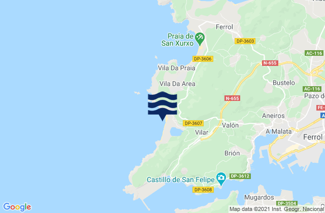 Mapa da tábua de marés em Praia de Doniños, Spain