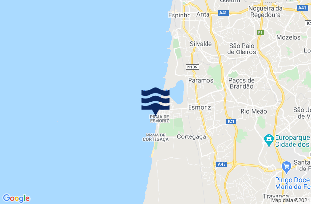 Mapa da tábua de marés em Praia de Esmoriz, Portugal