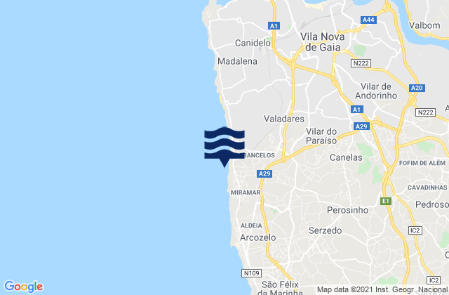 Mapa da tábua de marés em Praia de Francemar, Portugal