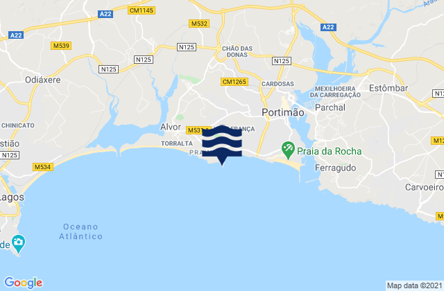 Mapa da tábua de marés em Praia de João de Arens, Portugal