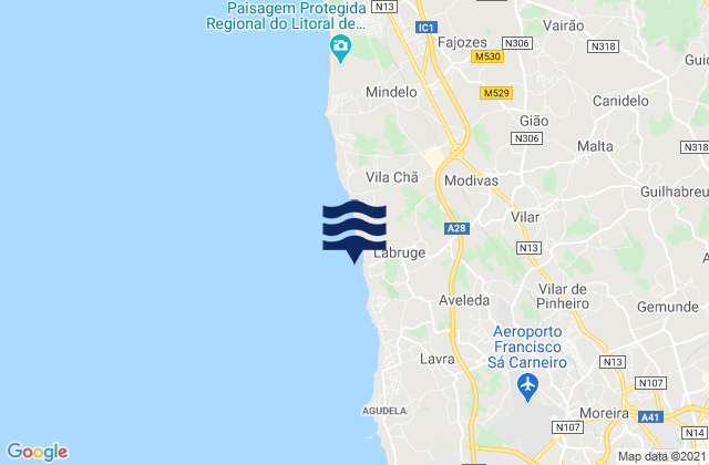 Mapa da tábua de marés em Praia de Labruge, Portugal