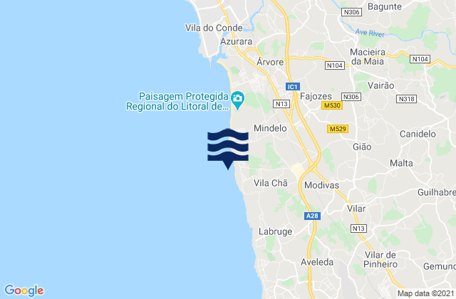 Mapa da tábua de marés em Praia de Laderça, Portugal