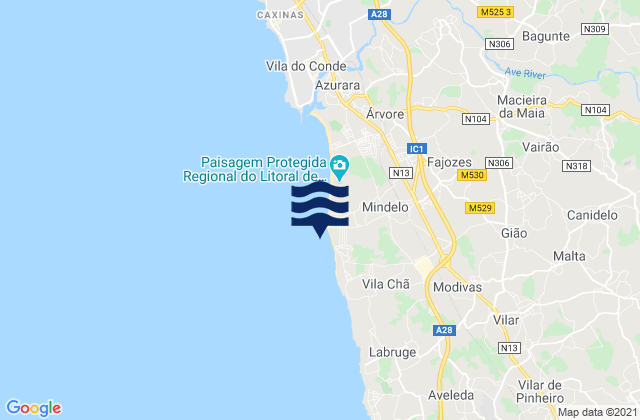 Mapa da tábua de marés em Praia de Mindelo, Portugal