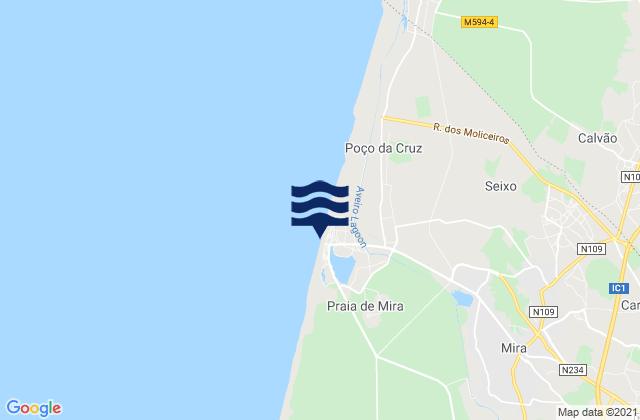 Mapa da tábua de marés em Praia de Mira, Portugal