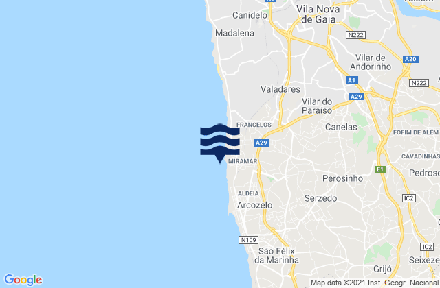 Mapa da tábua de marés em Praia de Miramar, Portugal