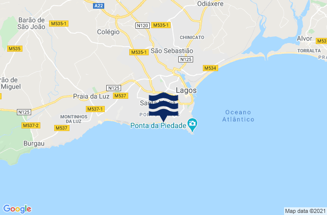 Mapa da tábua de marés em Praia de Porto de Mós, Portugal