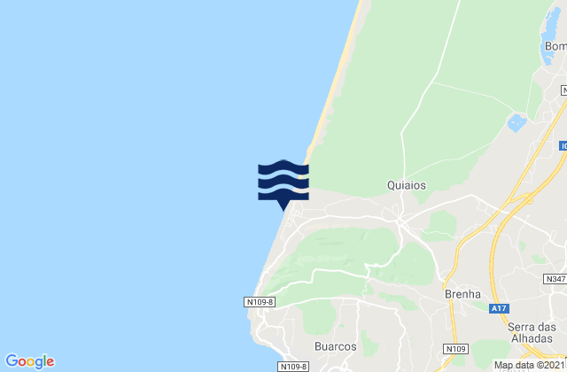 Mapa da tábua de marés em Praia de Quiaios, Portugal