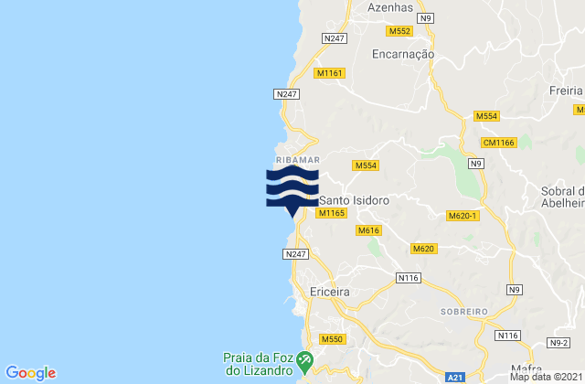 Mapa da tábua de marés em Praia de Ribeira d'Ilhas, Portugal