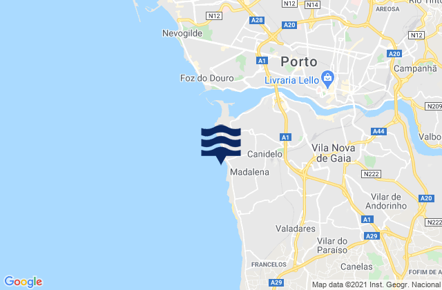 Mapa da tábua de marés em Praia de Salgueiros, Portugal