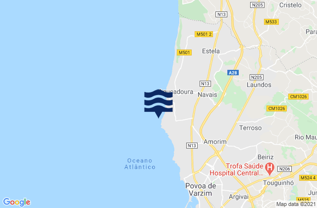 Mapa da tábua de marés em Praia de Santo André, Portugal