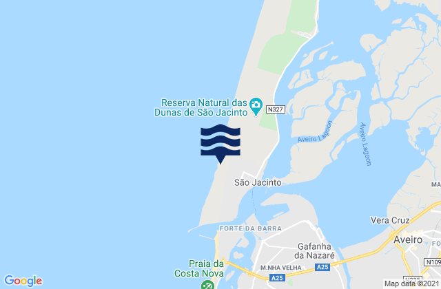 Mapa da tábua de marés em Praia de São Jacinto, Portugal