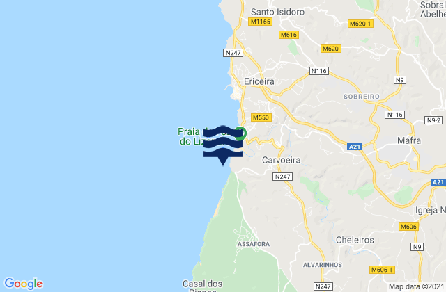 Mapa da tábua de marés em Praia de São Julião, Portugal