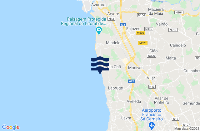 Mapa da tábua de marés em Praia de Vila Chã, Portugal