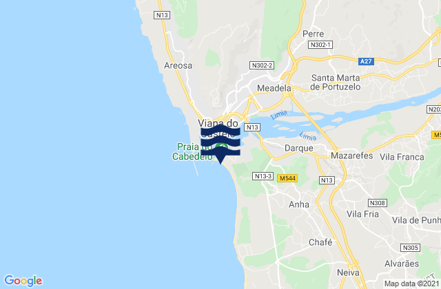 Mapa da tábua de marés em Praia do Cabedelo, Portugal