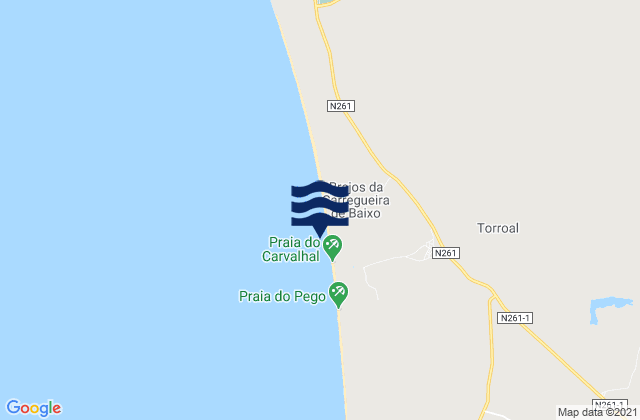 Mapa da tábua de marés em Praia do Carvalhal, Portugal