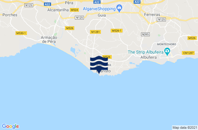 Mapa da tábua de marés em Praia do Evaristo, Portugal