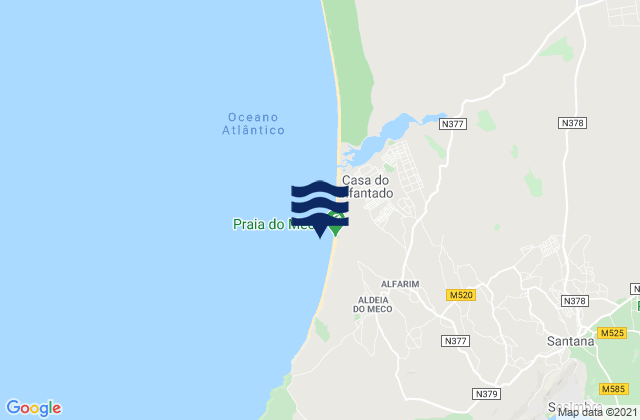 Mapa da tábua de marés em Praia do Meco, Portugal