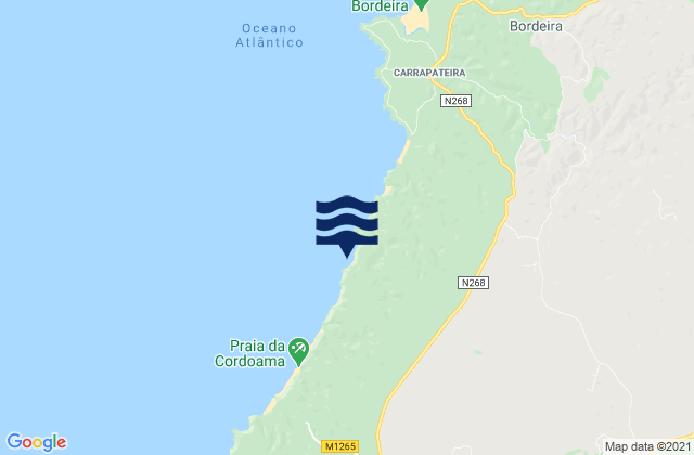 Mapa da tábua de marés em Praia do Mirouço, Portugal