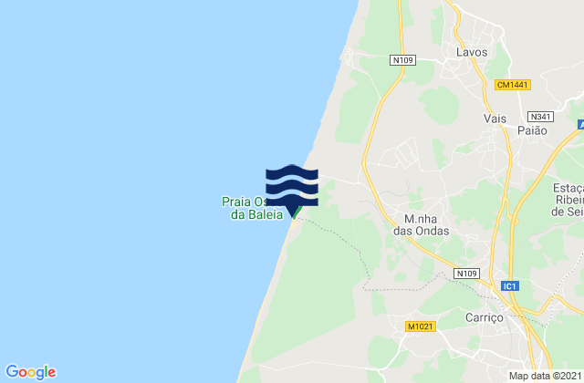 Mapa da tábua de marés em Praia do Osso da Baleia, Portugal