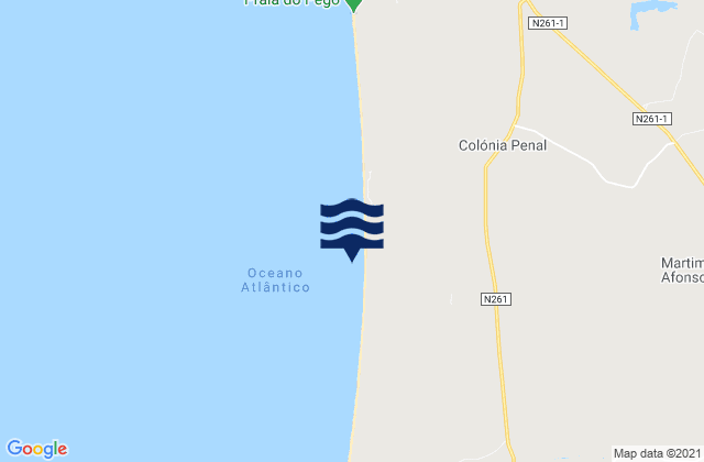Mapa da tábua de marés em Praia do Pinheirinho, Portugal
