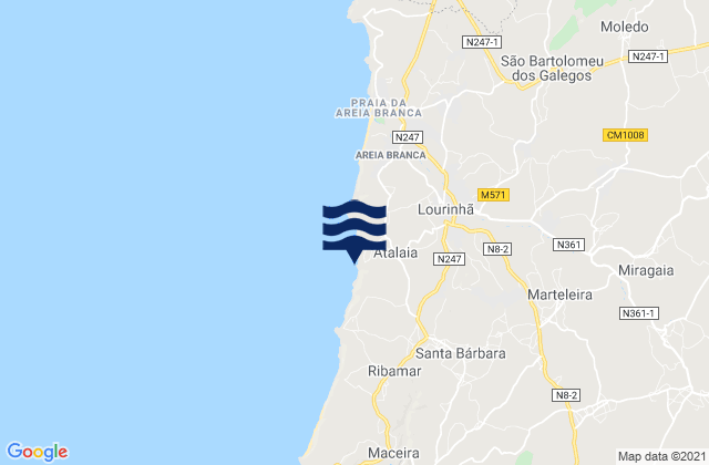 Mapa da tábua de marés em Praia do Porto das Barcas, Portugal