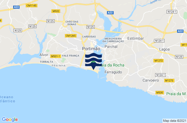 Mapa da tábua de marés em Praia do Rock, Portugal