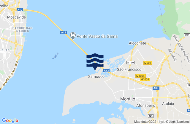 Mapa da tábua de marés em Praia do Samouco, Portugal