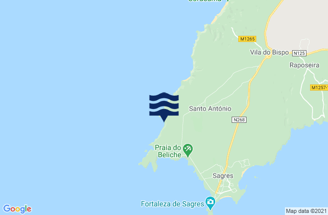 Mapa da tábua de marés em Praia do Telheiro, Portugal