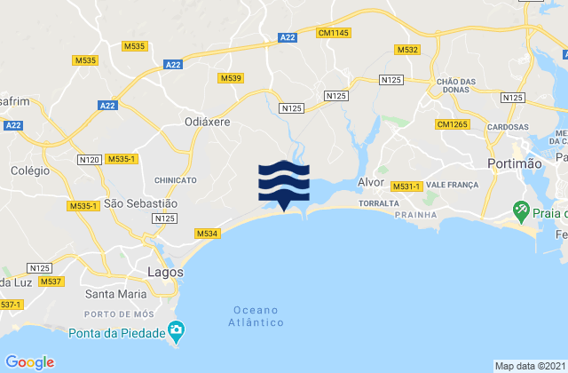 Mapa da tábua de marés em Praia do Vale da Lama, Portugal