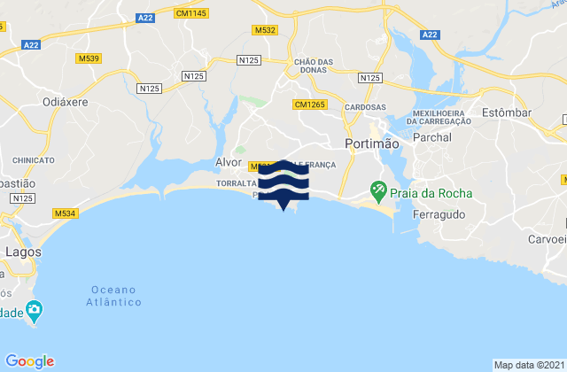 Mapa da tábua de marés em Praia do Valentim de Carvalho, Portugal