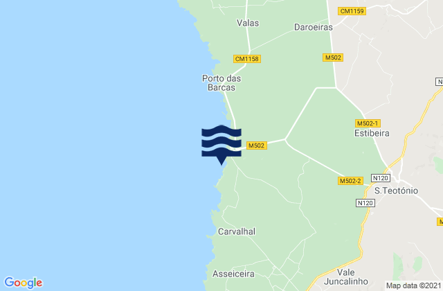Mapa da tábua de marés em Praia dos Alteirinhos, Portugal