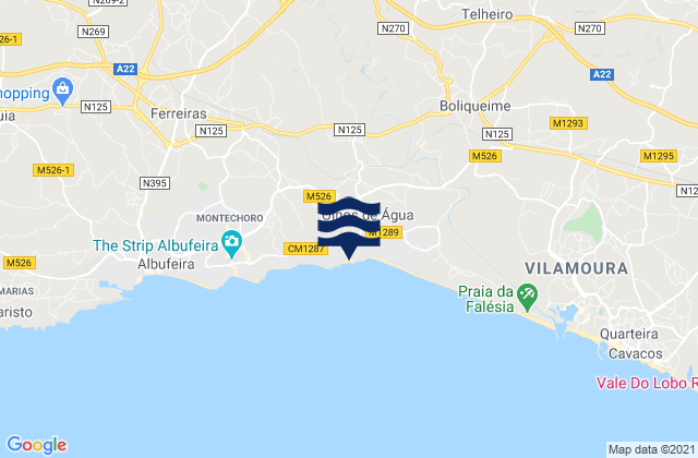 Mapa da tábua de marés em Praia dos Olhos de Água, Portugal