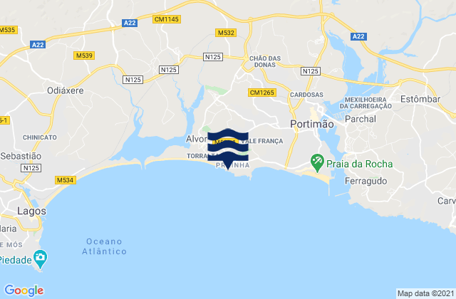 Mapa da tábua de marés em Praia dos Três Irmãos, Portugal