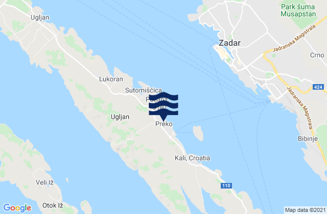 Mapa da tábua de marés em Preko, Croatia