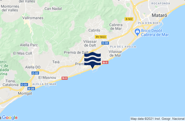 Mapa da tábua de marés em Premià de Mar, Spain
