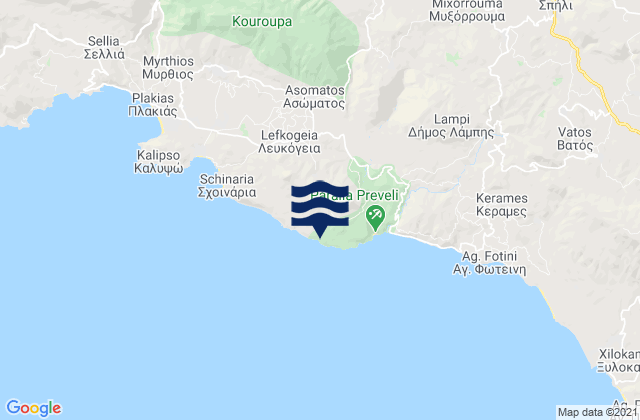 Mapa da tábua de marés em Preveli, Greece