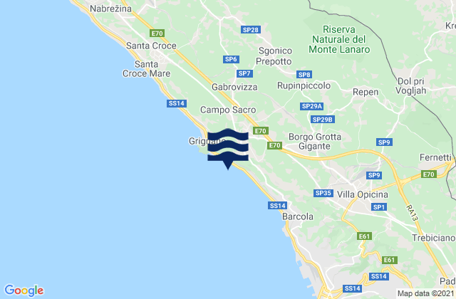 Mapa da tábua de marés em Prosecco-Contovello, Italy